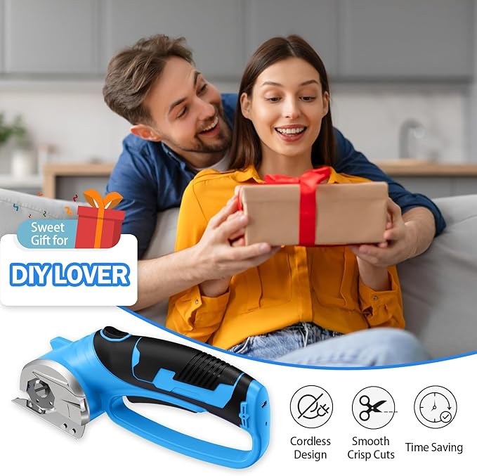 Cordless Electric Scissors, 4V Rechargeable Box Cutter & Cardboard Cutter with LED Light, Safety Lock - Rotary Cutter for Fabric, Leather, Carpet, Plastic, Crafting, Sewing with Storage Box (Blue)