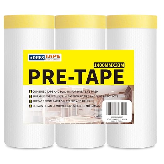 ADHES Pre Taped Masking Film with Adhesive Edge, 55 inch x 108 feet, 3 Rolls No Residue Masking Tape for Painting, Automotive, and DIY Projects Tape and Drape for Floor Furniture Protection