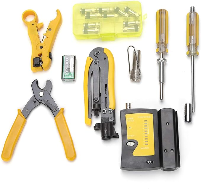 TLS.eagle F Compression Tool Coax Cable Crimper Kit, Adjustable RG6 RG59 RG11 75-5 75-7 Coaxial Cable Stripper with F Compression Connectors Pack of 10
