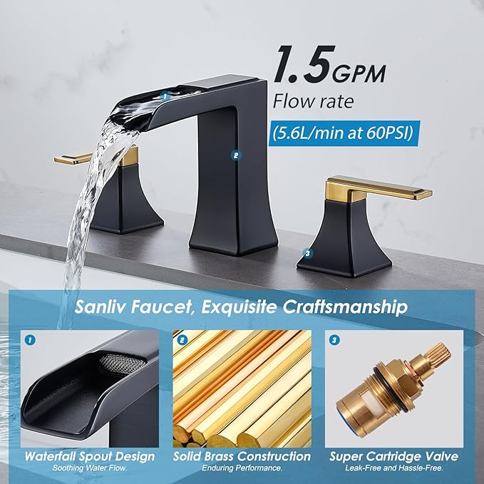 Two-Tone Black and Gold Bathroom Faucet, Sanliv 2-Handle Widespread Bathroom Faucet for 3-Hole Sinks 4-8 Inch, 3-Piece Waterfall Vanity Faucets with Pop-Up Drain, Black and Gold