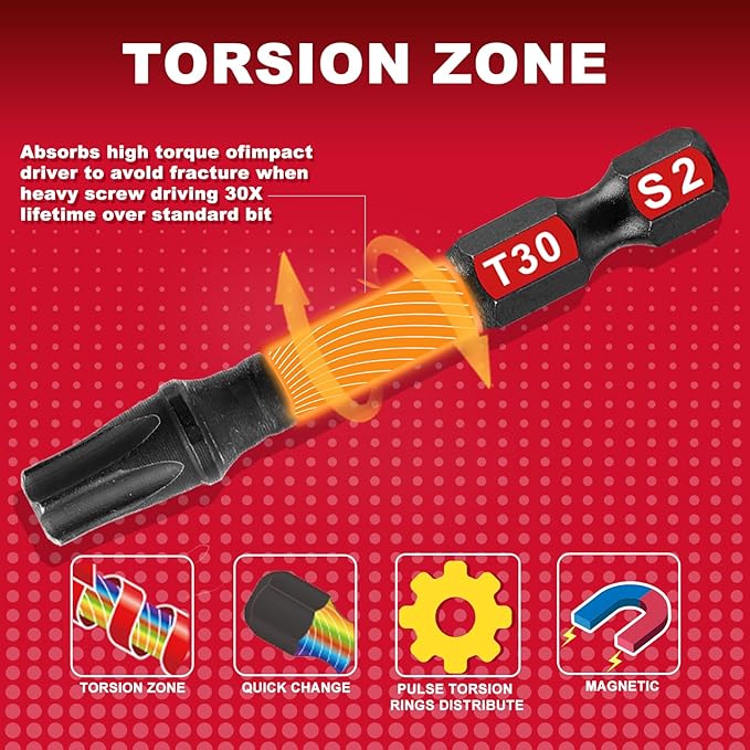 5 Pieces T30 2 In. Impact Tough Magnetic Insert Bit Set, #30 Torx Head Power Bits, S2 Alloy Steel Star T30 Screwdriver Bits Set