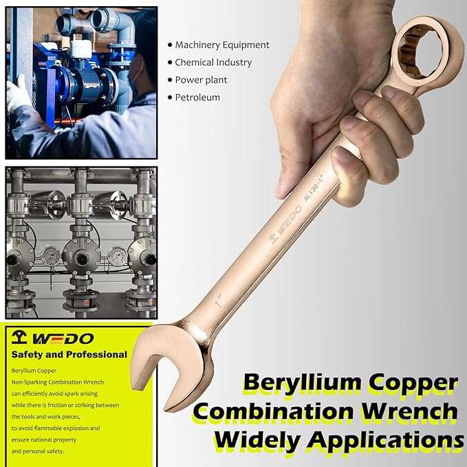 WEDO 1-3/16" Non-Sparking Combination Wrench, Spark-free Safety Combination Spanner, Beryllium Copper,Non-magnetic, Length 320mm,Die-Forgedd, DIN 3113, BAM & FM Certificate