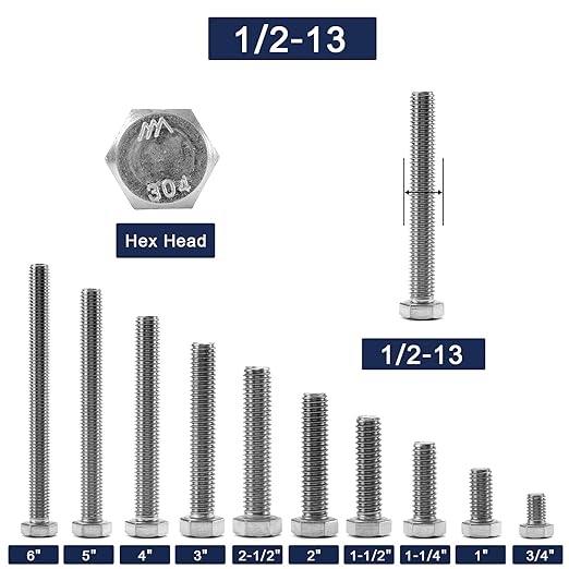 1/2-13 x 4 Hex Head Screw Bolt, 20Pcs 18-8 (304) Stainless Steel, Fully Threaded, Plain Finish, by SG TZH