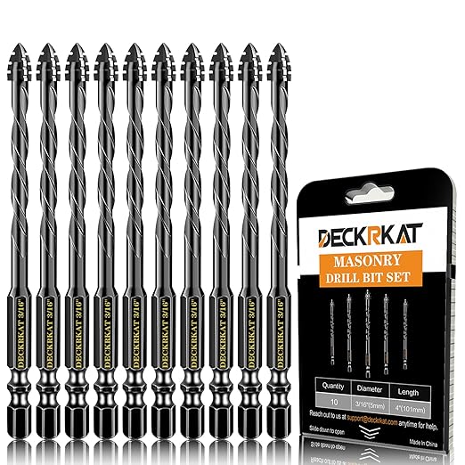 DECKRKAT Upgraded 10-Pack 3/16 Inch Black 4-Flute Serrated Masonry Drill Bits - Concrete, Tile, Glass, Brick, Ceramic, Plastic, Wood