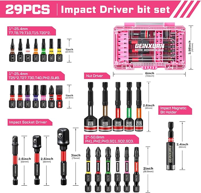 29Pieces Impact Screwdriver Bits Set, Magnetic S2 Steel 1??2??Phillips/Square/Torx/Slotted Bits Tips,Impact Bit Holder and Nut Driver and Socket Adapter Set with Pink Storage Box Case