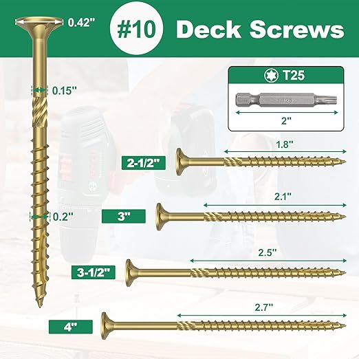 #10 x 3-1/2??Deck Screws, 108Pcs Star Drive Wood Screws, Rust Resistant Timber Screws for Timber/Log/Landscaping Wood, T25 Star Bit Included, Gold
