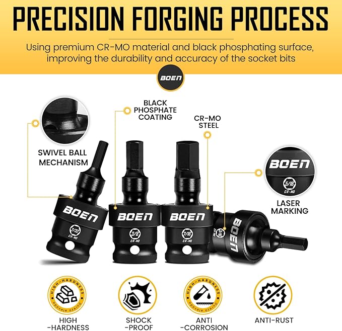 boen 3/8" Drive Universal Hex Bit Socket Set, 7-Piece SAE Impact Swivel Allen Bit Sockets, 360째 Rotation Flexible Wobble Hex Bit Driver Socket Set, With Storage Rail, CR-MO Steel
