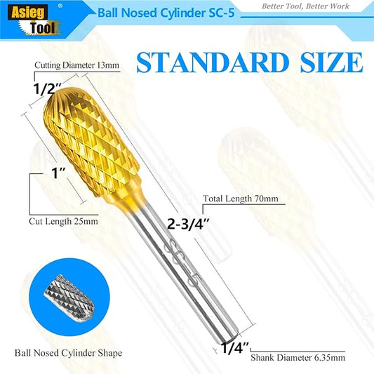 SC-5 5pcs Tungsten Carbide Burr TiN Rotary File Cylindrical Shape with Radius End Double Cut with 1/4''Shank for Die Grinder Drill Bit