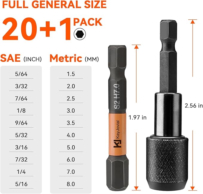 Impact Hex Head Allen Wrench Drill Bit Set 20+1 Pieces (Metric & SAE), S2 Alloy Steel Drill Bit Set, 1/4'' Hex Shank with Magnetic, CNC Machined, 2'' Long, with storage box