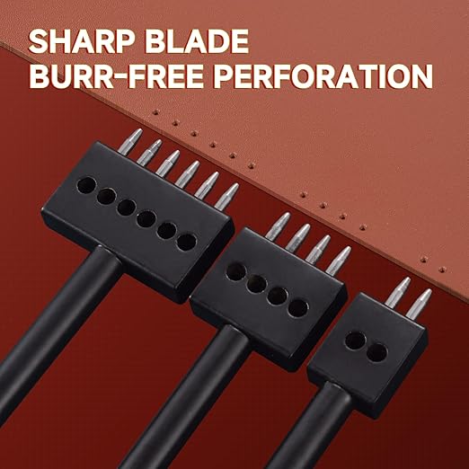 3Pcs Prong Punch Tool Set for Leather Crafts, 2/4/6 Prong Round Hole Tooth Punches, Ideal for DIY Diamond Lacing & Stitching, with 5MM Row Hole Punch - Essential Leather Craft Kit
