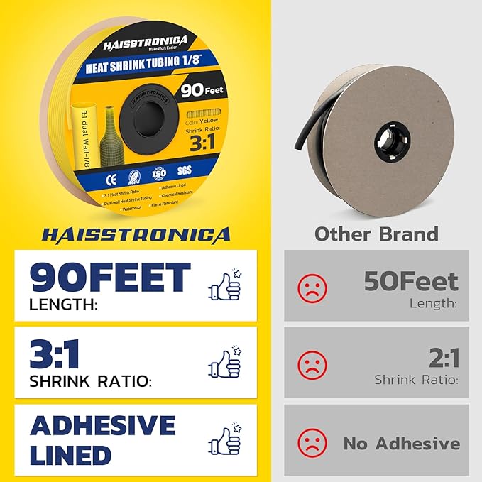 haisstronica 3:1 Heat Shrink Tubing, Shrink Ratio Adhesive Lined Marine Grade Heat Shrink Tube for Home, Automotive and Industrial (Yellow) 90FT 1/8inch
