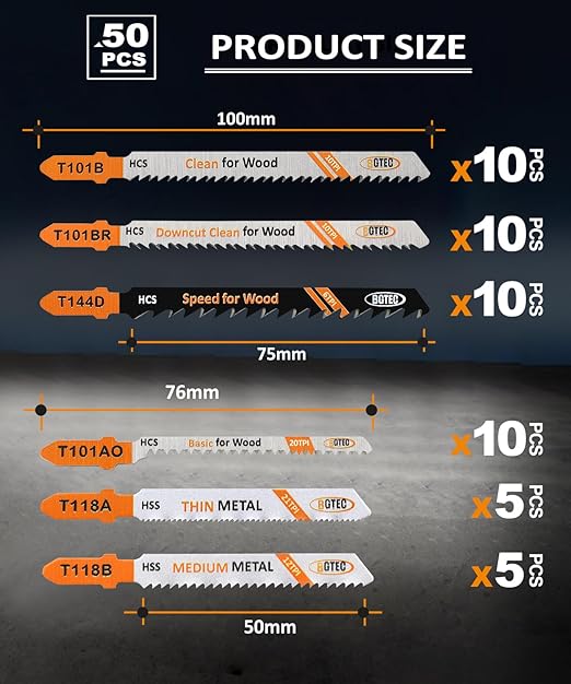 50PCS T Shank Jigsaw Blades Set - BGTEC HCS/HSS Jig Saw Blades for Wood, Plastic and Metal Cutting(T118A,T118B,T101AO,T101B,T101BR,T144D)