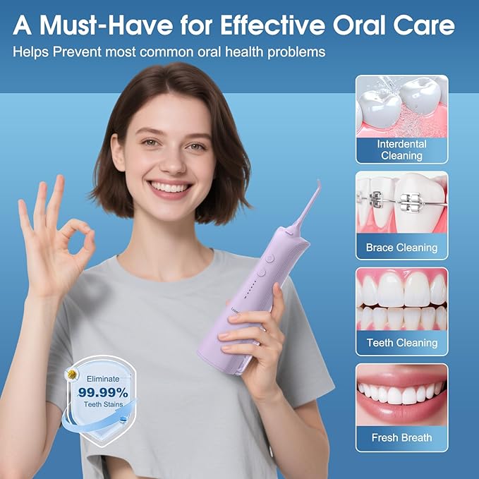 Leominor Water Dental Flosser - 5 Modes Cordless Oral Irrigator, IPX7 Waterproof, Rechargeable Teeth Cleaner Upgrade Datchable Tank Professional Flossing Cleaning Pick for Home Travel (Purple)