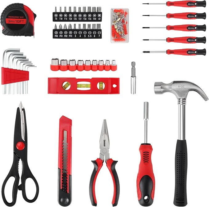 ARUCMIN 51-Piece Red Tool Set, Home Tool Kit with Toolbox Storage Case Home Repair Tool Kit with Drawer for Women