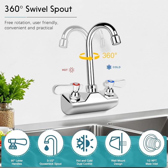 Leak-Free Commercial Hand Sink Faucet, 4 Inch Center Wall Mount Kitchen Sink Faucet for Bar Restaurant, Brass Constructed & Chrome Polished, with 3-1/2" Gooseneck Spout & Dual Lever Handles