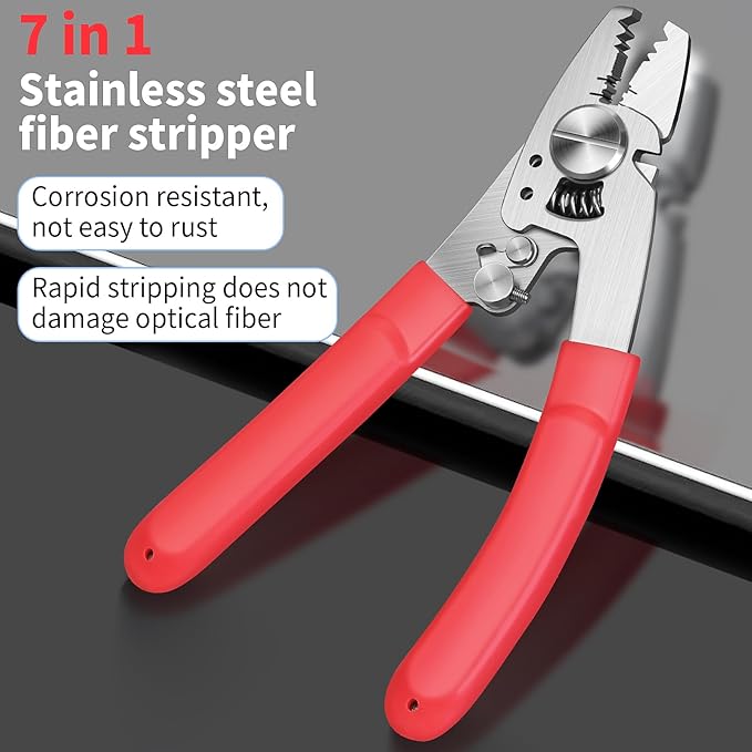 2-piece kit Fiber Optic Stripper & Fiber optic cleaning clip 7-in-1 Functions Fiber Optic Stripping Pliers, 5G/4G Stripping Holes And Fiber Optic Scissors, For Network/Coaxial/Fiber Optic Cables