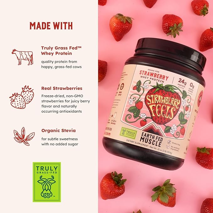 Earth Fed Muscle Strawberry?츴eels??Forever) ??Irish Truly Grass?멑ed Whey Protein Isolate, No Sugar, Soy?멑ree, Gluten?멑ree (2 lb, 29 Servings, Strawberry)