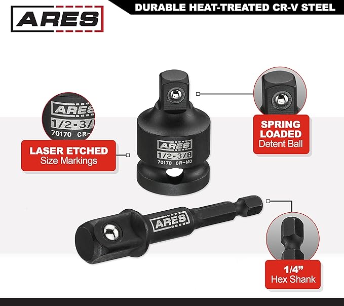 ARES 28000 - Impact 3-Inch Extension and Socket Adapter Set - Includes 3-Inch Extensions in 1/4-Inch Drive, 3/8-Inch Drive, and 1/2-Inch Drive, 2 Adapters, and 2 Reducers …
