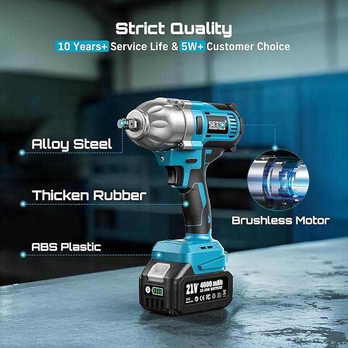 Seesii Cordless Impact Wrench & Impact Driver set 1/2'' Wrench Gun & 1/4'' Impact Driver, 2x 4000mAh 21V Battery, Fast Charger, 20 pcs Driver Bit Set & Bag