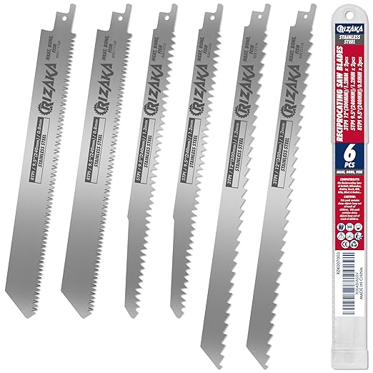 6 Pack Reciprocating Saw Blades for Frozen Meat Bone Fish - 3TPI 12"(300mm)/1.2mm x 2 pcs, 5TPI 9.5"(240mm)/1.2mm x 2pcs, 8TPI 9.5"(240mm)/0.8mm x 2pcs - Stainless Steel Sawzal Blades + Storage Box