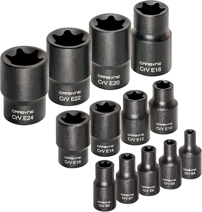 CARBYNE 13-Piece External Torx (eTorx, Female Torx) Socket Set, E4 to E24 | Chrome Vanadium Steel, 1/4, 3/8 & 1/2 inch Drive ??From a Family-Run Tool Company Based in the U.S.A.