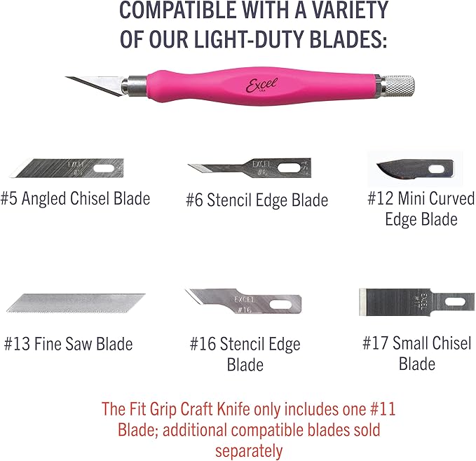 Excel Blades Fit Grip Craft Knife With #11 Ultra-Sharp Carbon Steel Angled Blade ??Precision Hobby Knife with Contoured Rubberized Grip for DIY, Art Crafts, and Model Projects ??Pink, Made in the USA