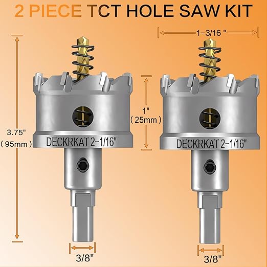DECKRKAT 2-Pack 2-1/16" TCT Hole Saws for Hard Metal, Heavy Duty 52mm Tungsten Carbide Tipped Hole Cutters Set with Spring-Loaded Pilot Drill Bits for Stainless Steel, Metal, Iron, and Plastic.