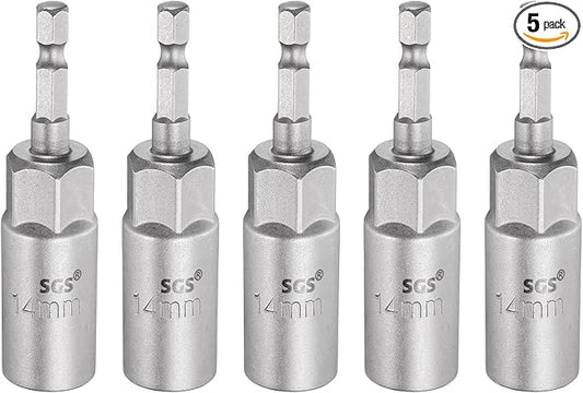 HARFINGTON 5pcs Nut Driver Drill Bit 14mm Metric Socket 1/4" Hex Shank 3.15" (80mm) Long 6-Point Sockets Quick Change CR-V Steel Bolt Setters for Power Drill Drivers