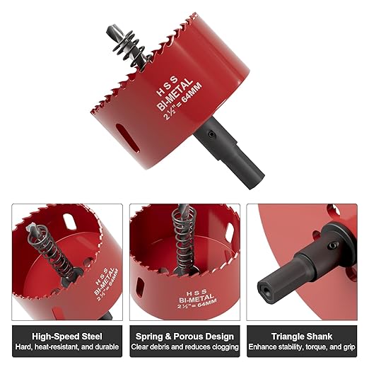 2-1/2" (64mm) Bi-Metal M42 High Speed Steel Hole Saw with Pilot Drill Bit, Smooth Cutting Edge for PVC, Drywall, Wood, Plastic, Gypsum Board, Rubber, Thin Metal