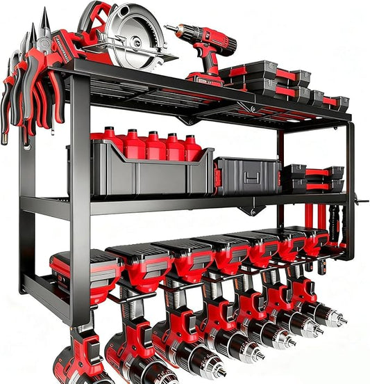 Power Tool Organizer Wall Mount, 7 Cordless Drill Holder Tool Storage Rack, 150LBS Load 3 Layer Heavy Duty Utility Racks Tool Battery Organizer for Workshop,Pegboard,Garage,Shed