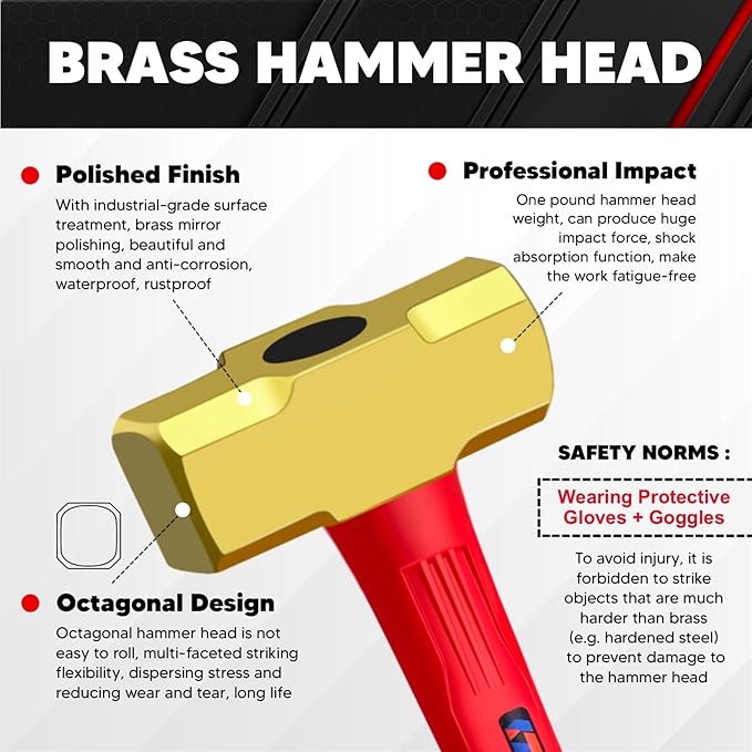 C&T 3lb Brass Sledge Hammer,Non-Sparking,Comfortable Fiberglass Handle,3-Pounds,Non-Magnetic,Corrosion Resistant