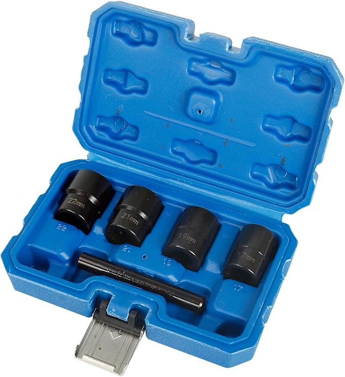 5 Pc Twist Socket Set 4 Damaged Worn Lug Nut and Lock Remover 17 19 21 22mm; 1/2" Drive