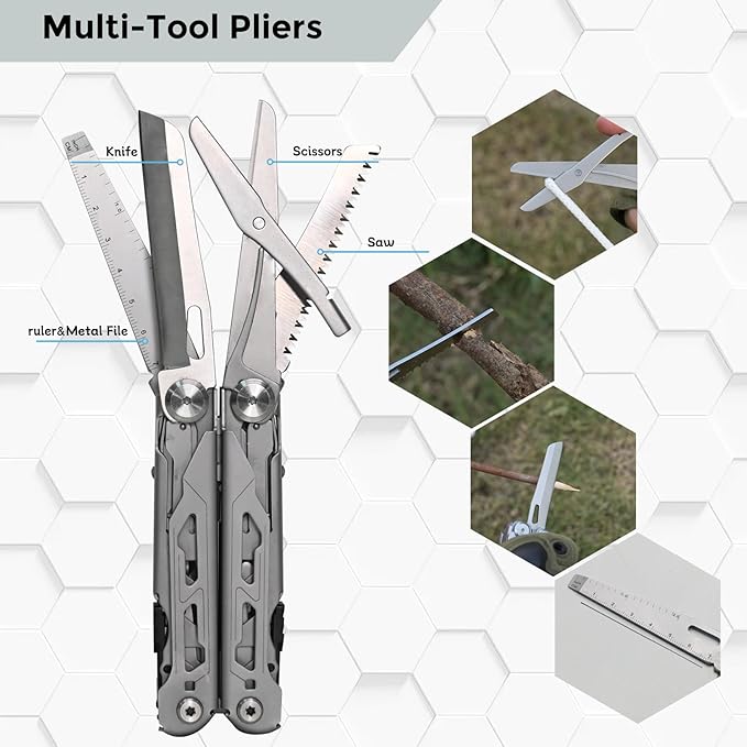 Multitool with Pocket Knife, 25-in-1 Stainless Steel Pliers and Screwdriver, Self-locking Multi-tool EDC Gear with Sheath and Replaceable Cutter Blades, Suitable for Camping and Hiking