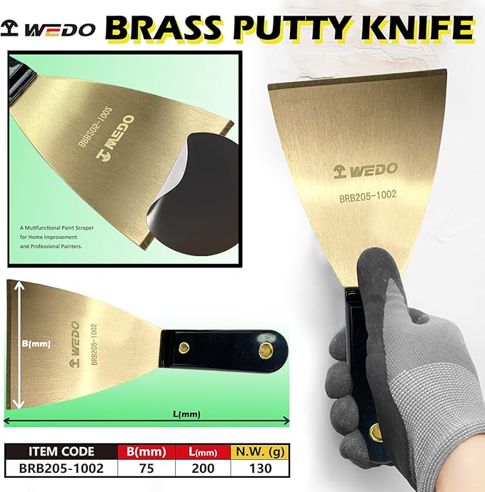 WEDO Brass Putty Knife 3",Paint Scraper, Spackle Knife, Wallpaper Scraper, Painters Tool, Crown Molding Tool, Paint Remover for Wood, Scraper,Length 8"