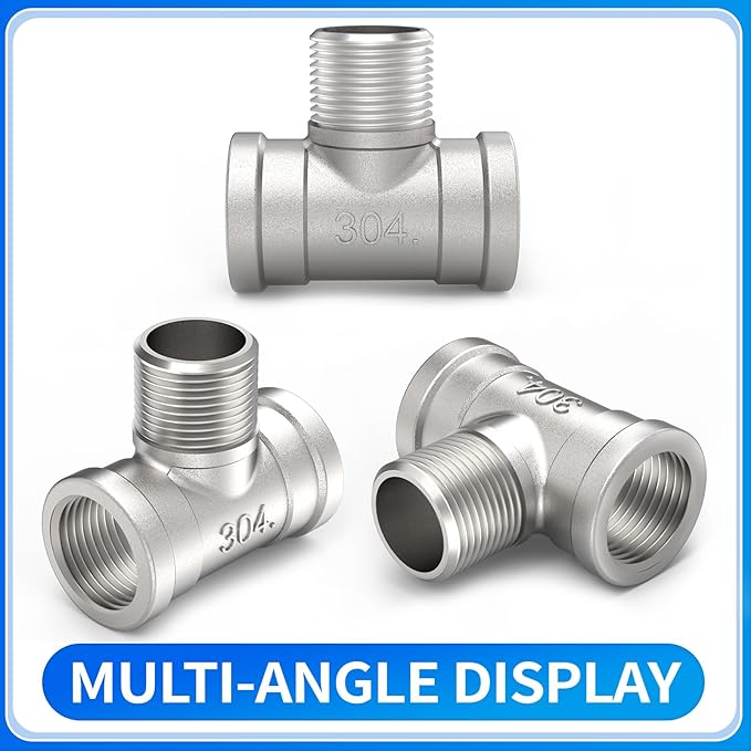 ChillWaves 304 Stainless Steel Pipe Fitting, Male Branch Tee 3/4" NPT Female x 3/4" NPT Male x 3/4" NPT Female Thread Adapter(4-PACK)