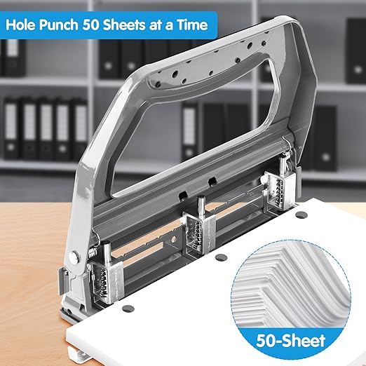 AFMAT 3 Hole Punch Heavy Duty, 9/32" Holes, 50-Sheet Hole Puncher 3 Ring, 50% Reduced Effort, Adjustable Two & Three Hole Punch, Metal Paper Puncher w/Large Chip Tray, Metal Paper Guide, Gray, HP18
