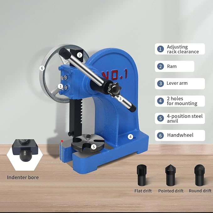 Arbor Press 1 Ton,Ratchet Leverage Arbor Press with Handwheel,5.5" Maximum Height Manual Desktop Punch Press Machine Metal Arbor Press Tool,for Stamping