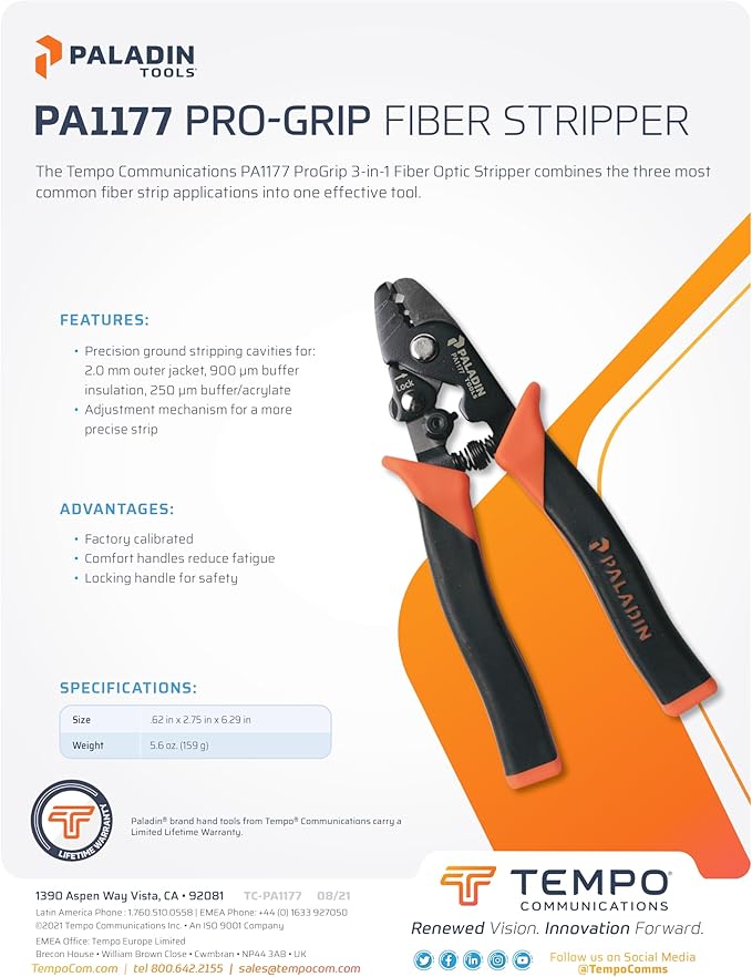 Paladin Tools PA1177 Pro-Grip 3-in-1 Fiber Optic Stripper, Professional Grade Adjustable Fiber Stripper