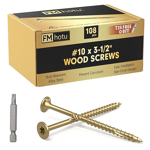 #10 x 3-1/2??Deck Screws, 108Pcs Star Drive Wood Screws, Rust Resistant Timber Screws for Timber/Log/Landscaping Wood, T25 Star Bit Included, Gold