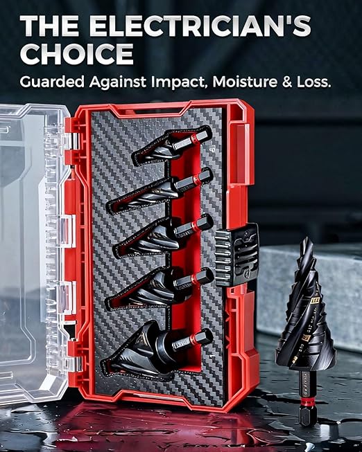 COMOWARE Step Drill Bit Set, 1/8"~1-3/8" 5PCS Four Spiral Flute Step Drill Bits for Metal, AlTIN Coated Step Bit with 1/4" Hex Shank for Metal, Stainless Steel, Aluminum, Wood, Plastic