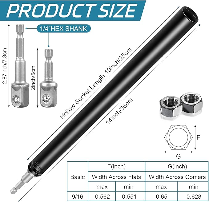 9/16"(14mm) Power Nut Driver Nut Runner Hollow Socket with 1/4" Hex Shank,Fit Long Bolts and Ductwork Power Nut Driver for Overhead Fastening Applications Operations (10 Inch)