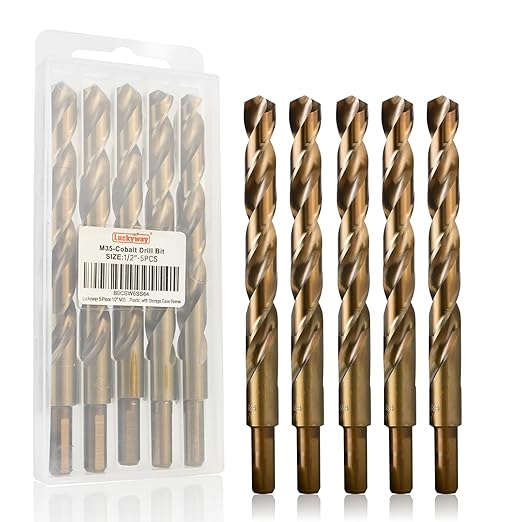 Luckyway 1/2" Cobalt Drill Bit (5 Pcs), Jobber Length Twist Drill Bit Set for Hard Metal, Stainless Steel, Cast Iron, Wood and Plastic, with Storage Case