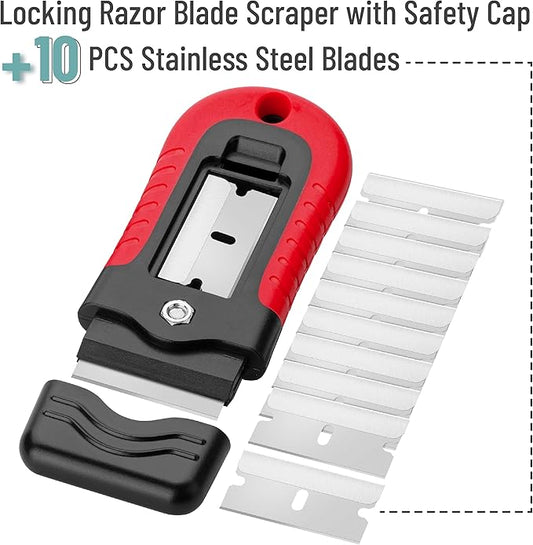 Bates- Razor Blade Scraper, Red, Locking Razor Scraper Set with 10 Extra Stainless Steel Blades, Window Scraper, Scraper Tool, Glass Scraper, Scraper Blades, Paint Scraper Blade Scraper for Cleaning