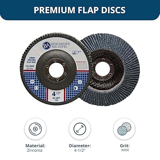 Benchmark Abrasives 4.5" x 7/8" Premium High Density Jumbo Zirconia Type 29 Flap Discs 4 1/2 for Angle Grinder, Sanding Discs, Finishing - Grinding Wheels 4 1/2 Inch (3000 Pack) - 60 Grit