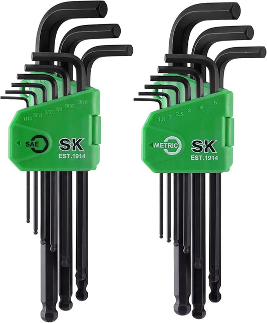 SK 18-Piece Allen Wrench Set, Metric & SAE Hex Key Set, L-Shaped, S2 Steel, Black Phosphating Finish