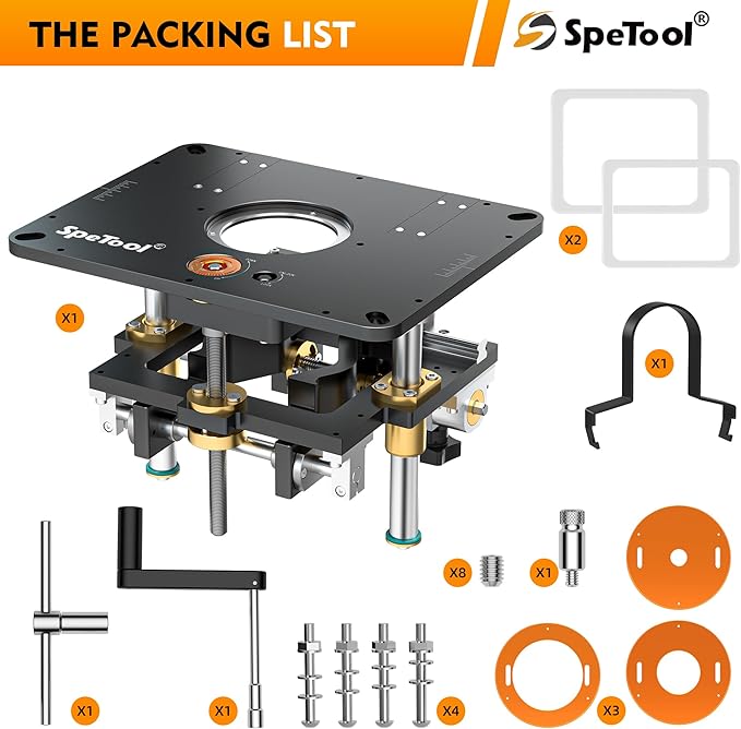 SpeTool Router Lift for 2.56??4.21??Dia Routers, Precision All-aluminum Router Table Lift System with 3 Magnetic Insert Rings, 9-1/4"x11-3/4" Router Table Insert Plate for Woodworking Add DIY Template