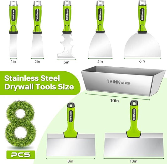 THINKWORK Drywall Tools - 8Pcs Stainless Steel Drywall Knife Set with Putty Knife, Taping Knives, Painter Scraper & 10" Mud Pan, Spackle Tool Set for Joint Taping, Finishing & Patching