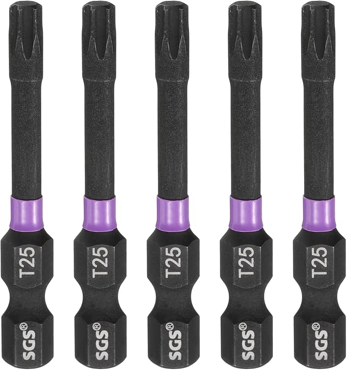 HARFINGTON 5pcs T25 Torx Head Impact Screwdriver Bits 1/4" Hex Shank 2" (50mm) Long Magnetic No Hole Tamper Proof 6 Point Star Screw Driver Drill Bits Phosphate S2 Steel Power Tools