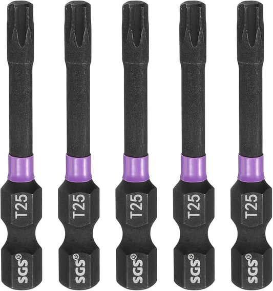 HARFINGTON 5pcs T25 Torx Head Impact Screwdriver Bits 1/4" Hex Shank 2" (50mm) Long Magnetic No Hole Tamper Proof 6 Point Star Screw Driver Drill Bits Phosphate S2 Steel Power Tools