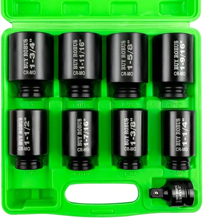 1/2" Drive Impact Socket Set, 9-Piece Standard SAE Deep Axle Nut Sockets, 6-Point, Cr-Mo,1-1/4竊?-3/8竊?-7/16竊?-1/2竊?-9/16竊?-5/8竊?-11/16竊?-3/4, Impact Socket Adapter (3/4" x 1/2")